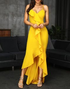 κίτρινο μάξι φόρεμα βολάν τιράντα