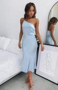 γαλάζιο φόρεμα με έναν ώμο βραδινά φορέματα καλοκαίρι