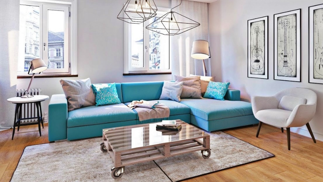 σαλόνι γαλάζιος καναπές φωτιστικά φως σπίτι