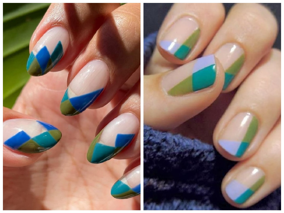 μπλε-πράσινα color-blocking νύχια για φθινόπωρο/χειμώνα
