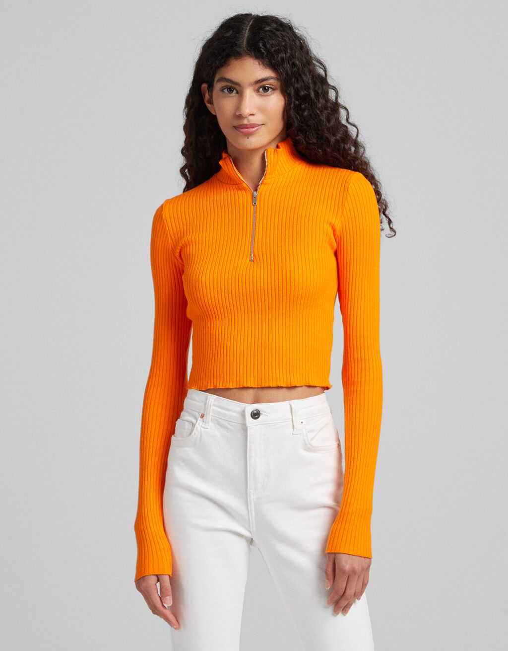 πορτοκαλί ριμπ μπλούζα με φερμουάρ