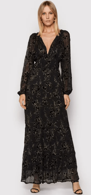 Μαύρο μάξι φόρεμα με κεντημένο χρυσό φλοράλ σχέδιο