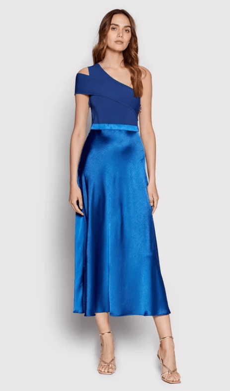 Μπλε μίντι φόρεμα με ασύμμετρη λαιμόκοψη
