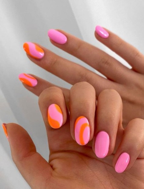 swirl νύχια ροζ πορτοκαλί