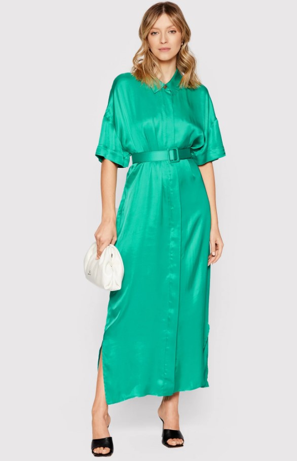 Πράσινο κοντομάνικο σατινέ φόρεμα με ζώνη