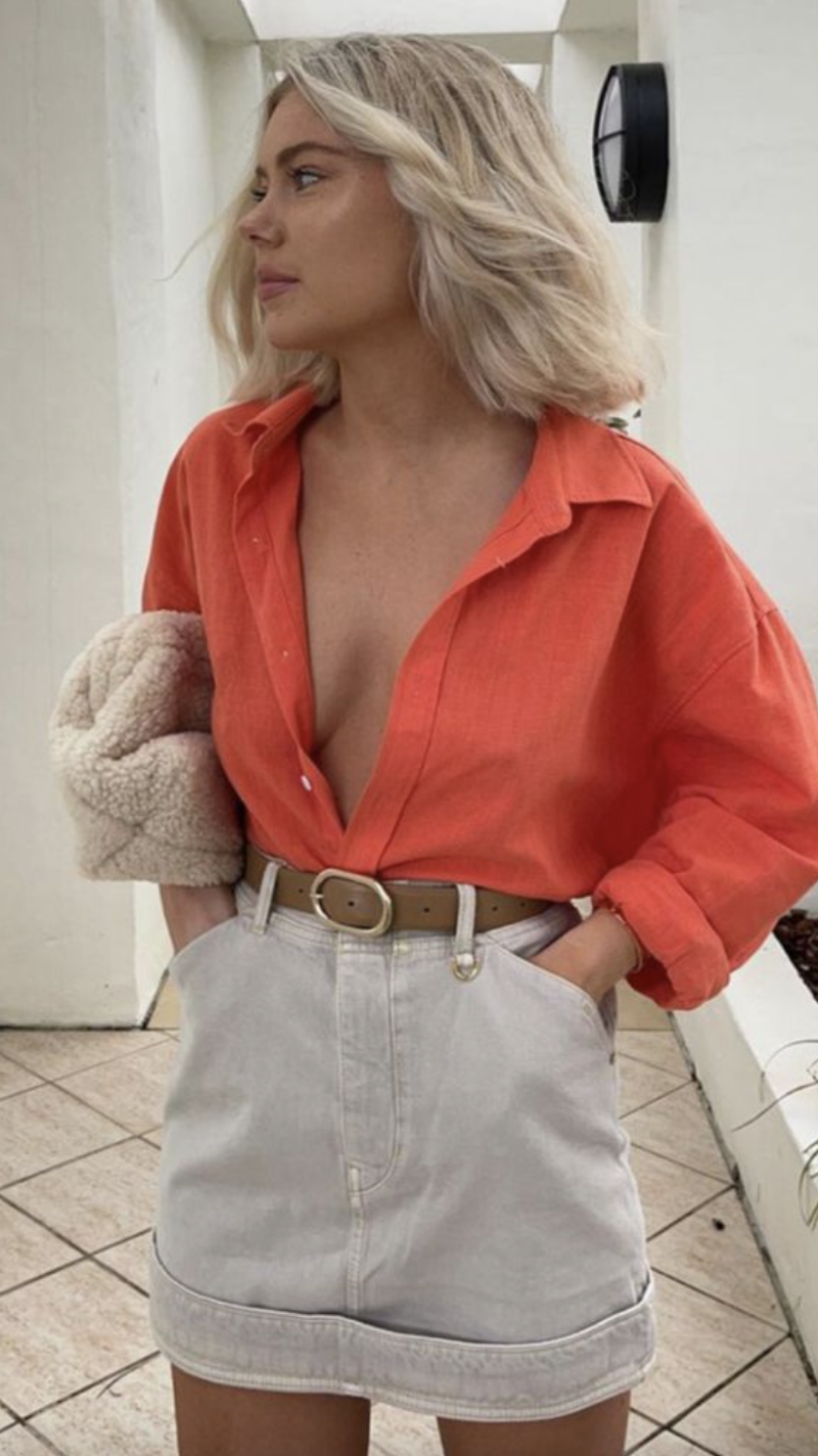 πορτοκαλί καλοκαιρινό πουκάμισο με φούστα ζώνη