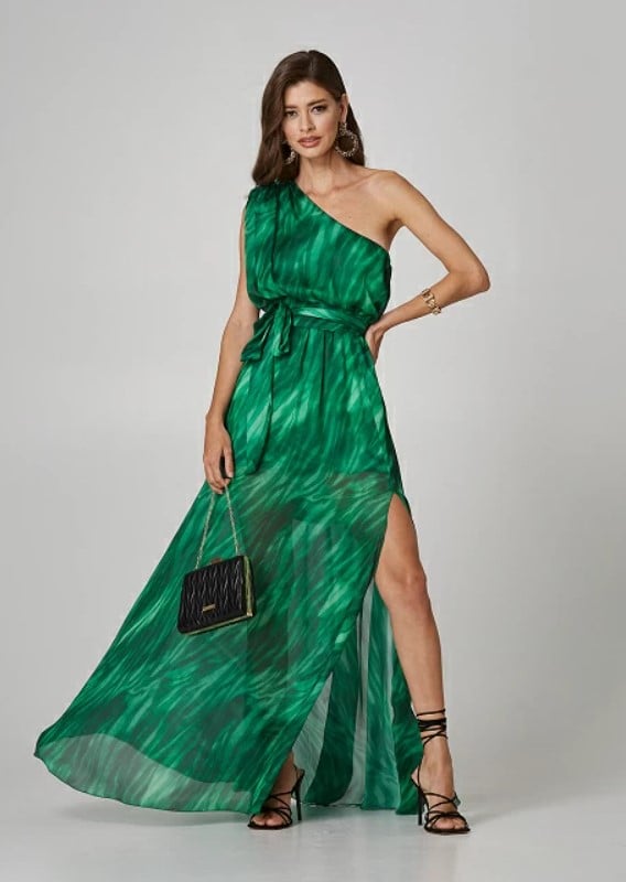 πρασινο φορεμα μαξι maxi μακρυ ενας ωμος εξω σκισιμο ποδι